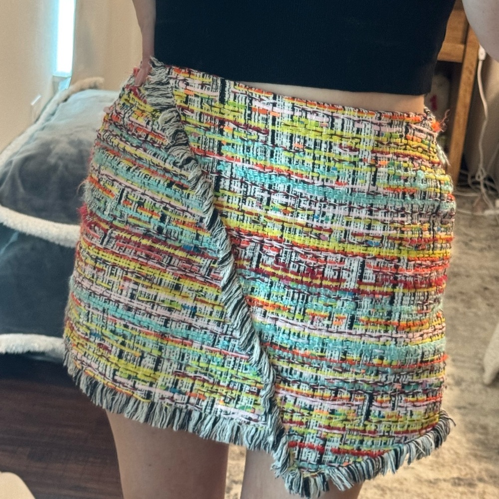Colorful Tweed Mini Skirt with Fringe